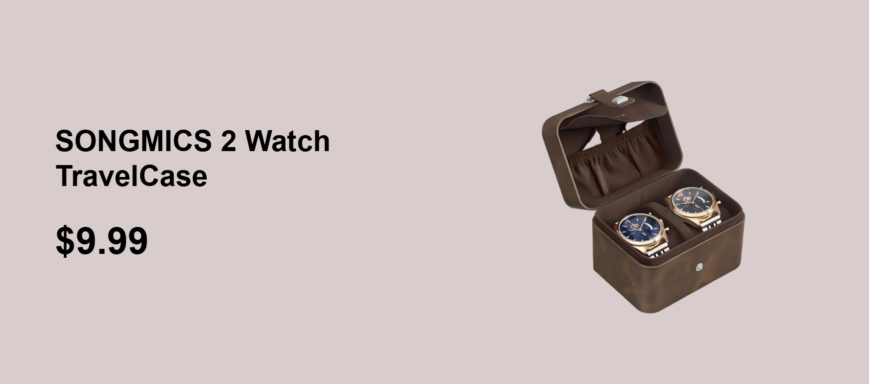SONGMICS 2 Watch Travel Case, 2-Slot Watch Box, Pillow with Hidden Storage, Adjustable Divider, Flap Pocket, 4 x 4.7 x 3.3 Inches, Gift Idea, Brown Su
