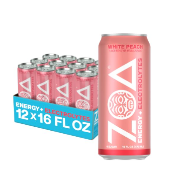 ZOA Zero Sugar Energy Drink, White Peach, 12 Pack, 16 Fl Oz Cans